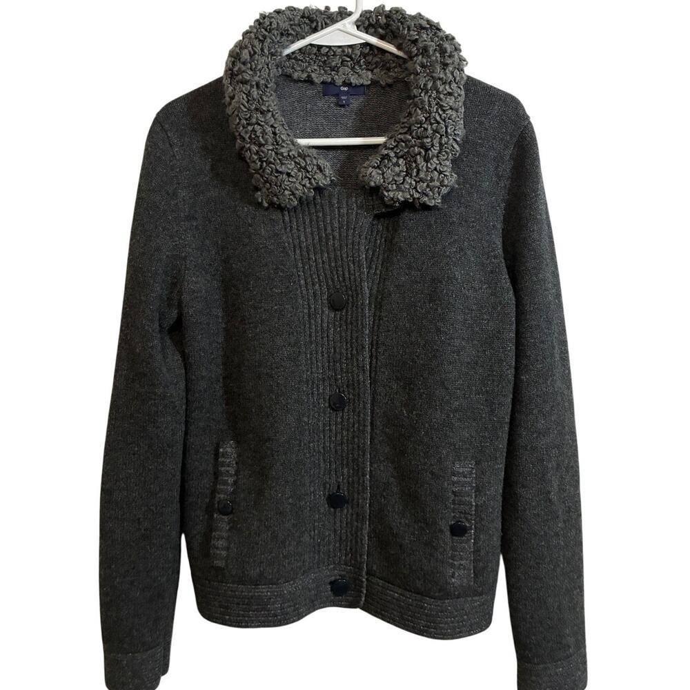 Gap Wool Sweater Jacket Large Gray Faux Shearling Collar Button Front Cardigan